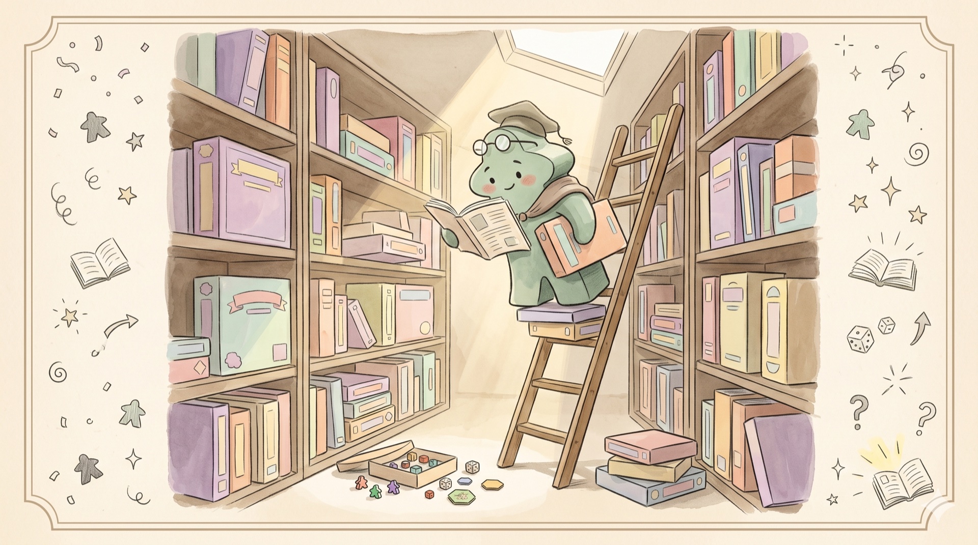 Aquarell-Illustration eines Regals voll Brettspiele in einer Bibliothek
