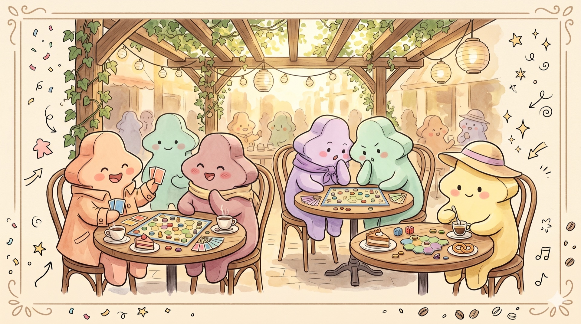 Aquarell-Illustration eines gemütlichen Brettspielcafés mit Holztischen und Spieleregalen
