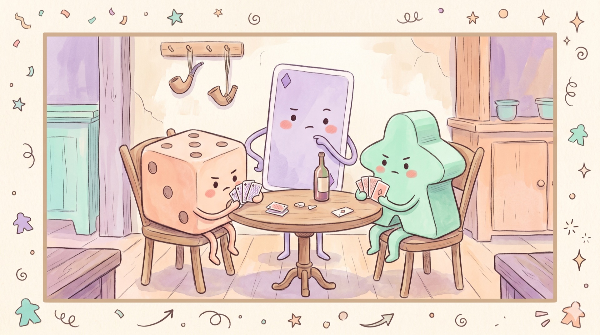 Aquarell-Illustration dreier Spielfiguren beim Kartenspiel — Hommage an Paul Cézannes „Die Kartenspieler" (3er-Variante)