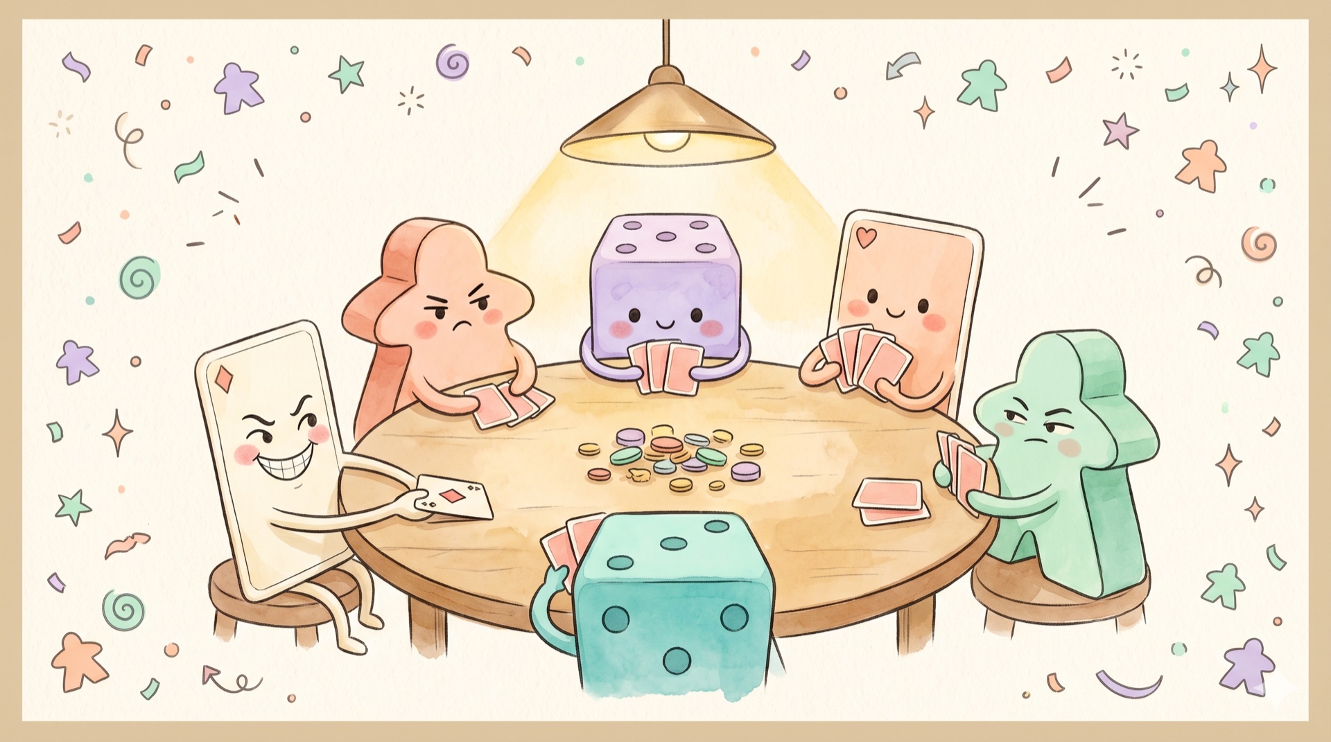 Aquarell-Illustration von sechs anthropomorphen Spielfiguren um einen runden Tisch beim Kartenspiel — Hommage an Coolidges „Dogs Playing Poker"
