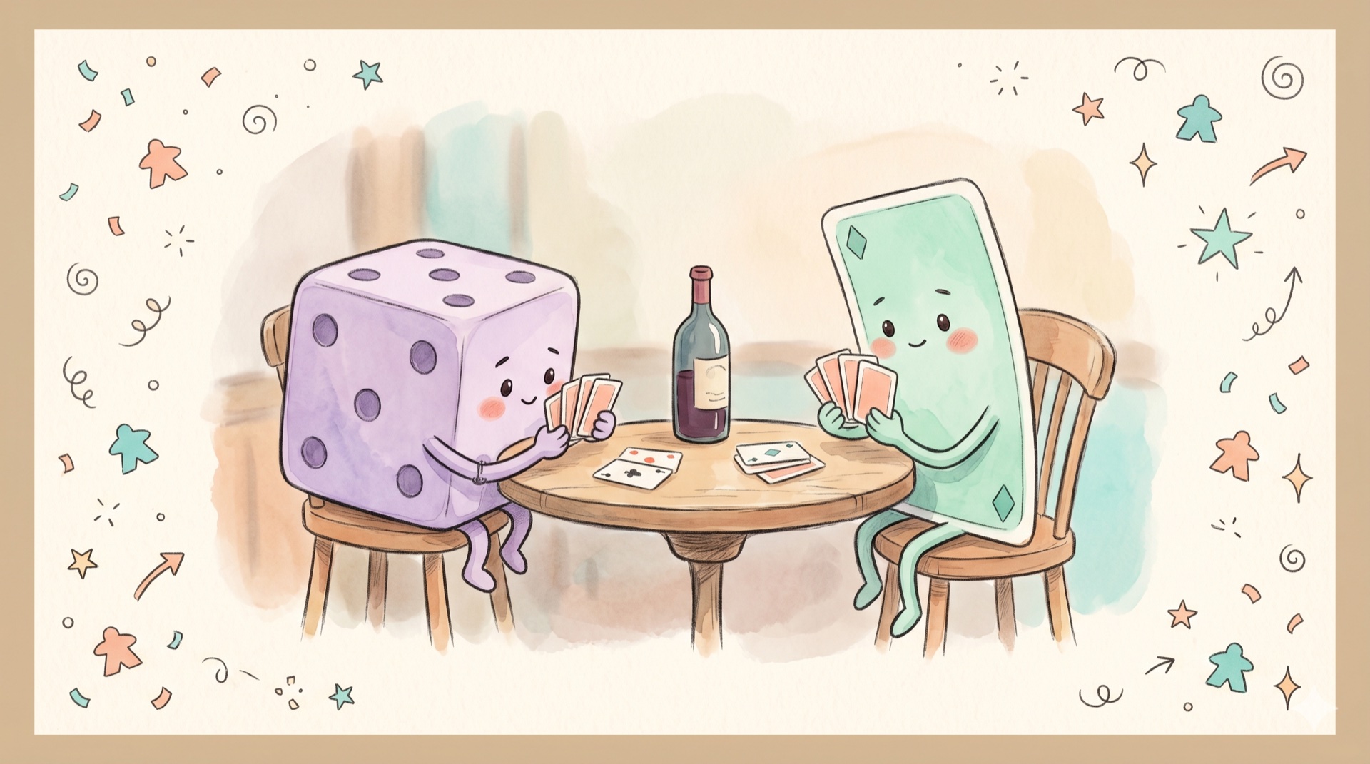 Aquarell-Illustration zweier Spielfiguren gegenüber an einem Bistro-Tisch beim Kartenspielen — Hommage an Paul Cézannes „Die Kartenspieler"