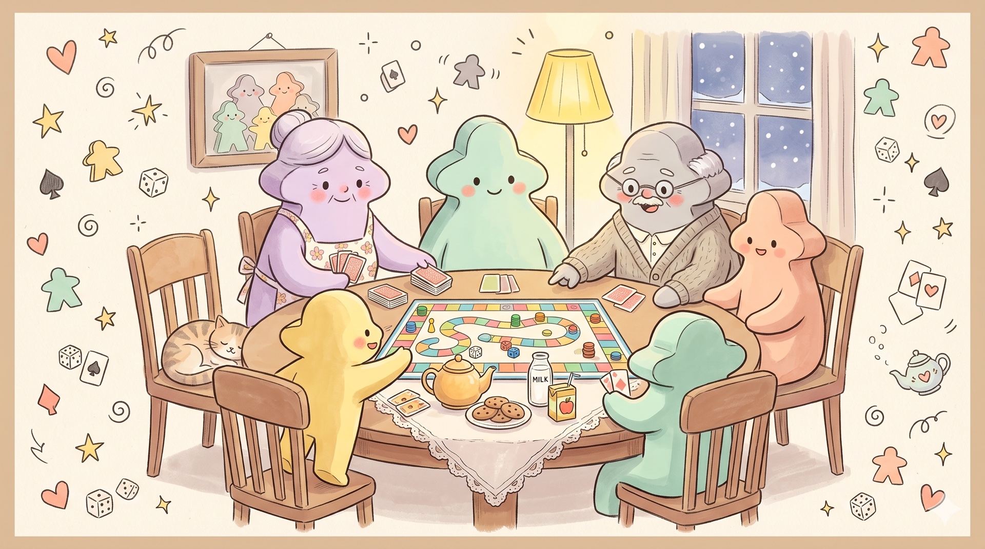 Aquarell-Illustration einer mehrgenerationen Familie am Esstisch mit aufgebautem Brettspiel — Hommage an Norman Rockwells warme Familienszenen