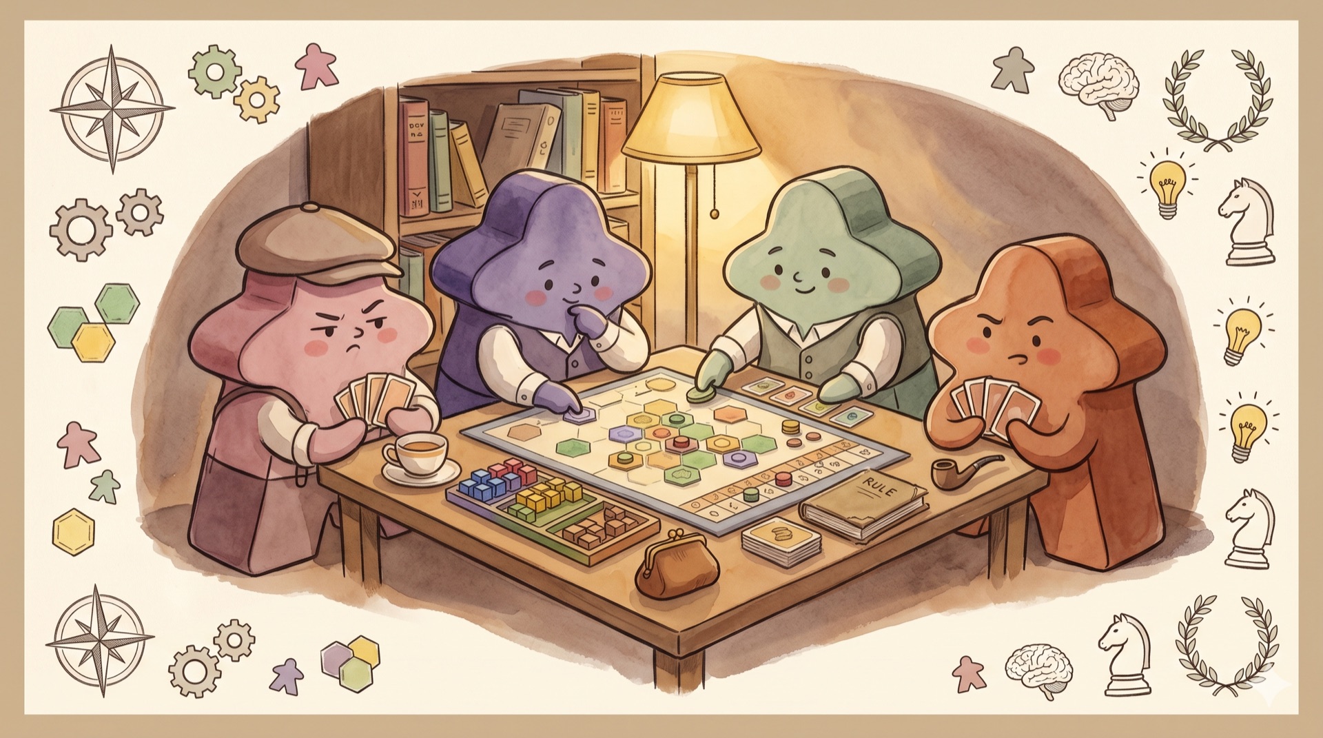 Kennerspiel des Jahres — Aquarell-Illustration einer konzentrierten Strategie-Spielerunde