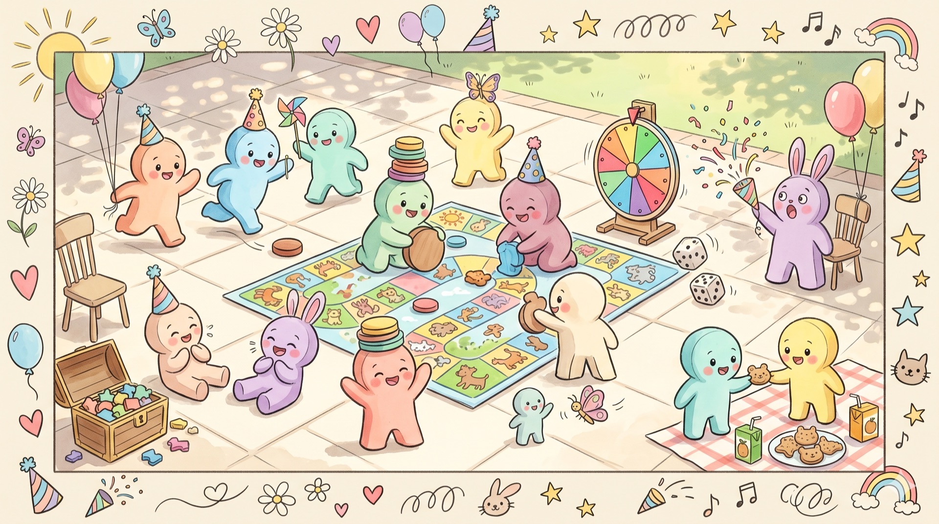 Kinderspiel des Jahres — Aquarell-Illustration einer fröhlichen Kinder-Spielrunde