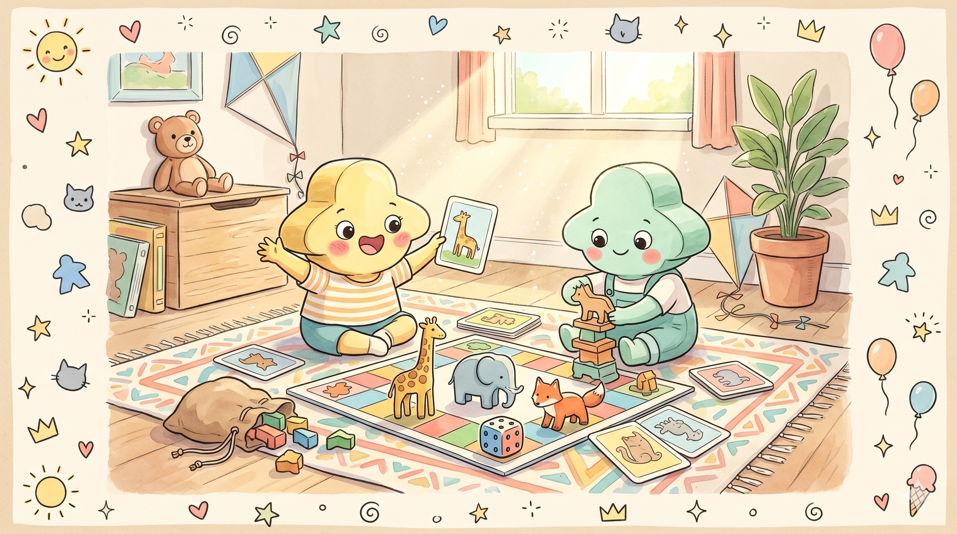 Aquarell-Illustration zweier Kinder am Boden vor einem bunten Spielbrett mit Holzfiguren und Tierkarten — warmes, kindgerechtes Motiv