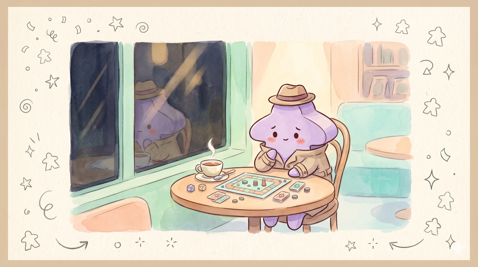 Aquarell-Illustration einer einsamen Meeple-Figur an einem kleinen Café-Tisch mit einem Solo-Brettspiel — Hommage an Edward Hoppers „Automat"