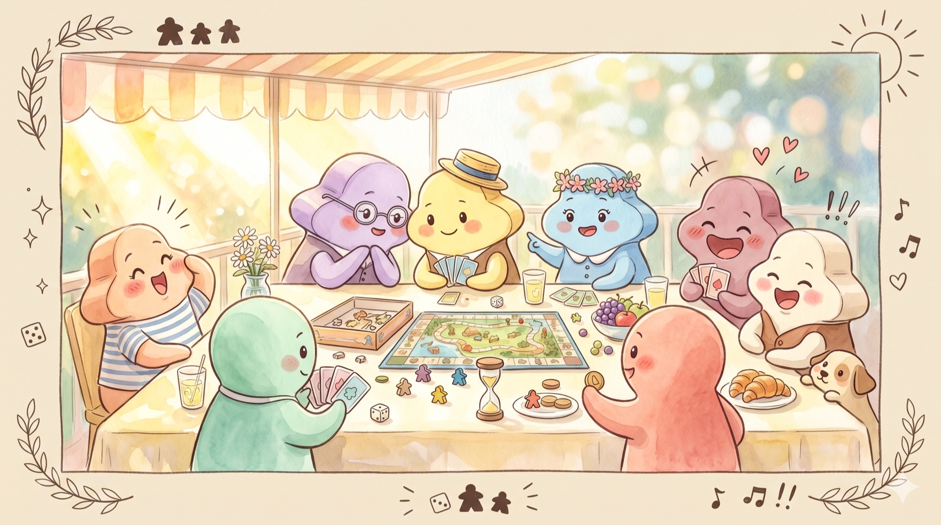 Spiel des Jahres — Aquarell-Illustration einer fröhlichen Familien-Spielerunde