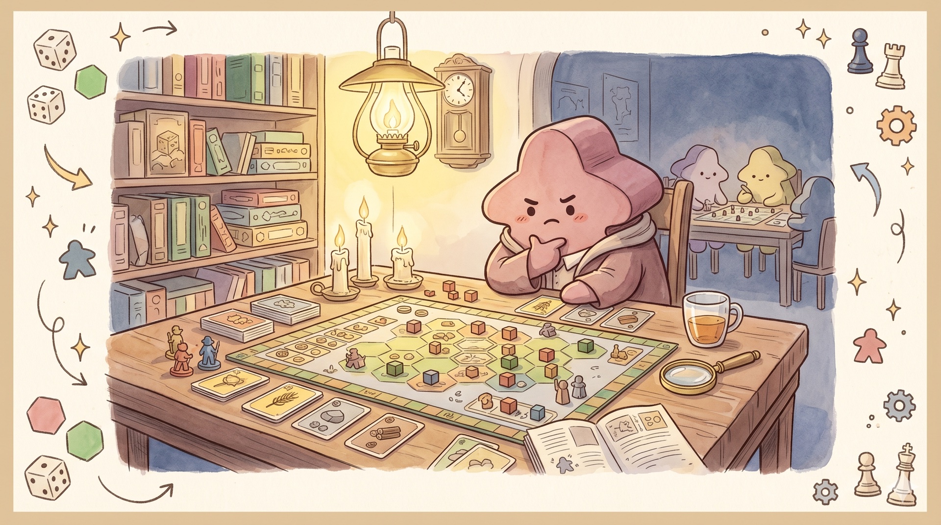Aquarell-Illustration eines konzentrierten Denkers über einer Karte mit Spielfiguren und Ressourcen — Hommage an Rodins „Der Denker" am Spieltisch