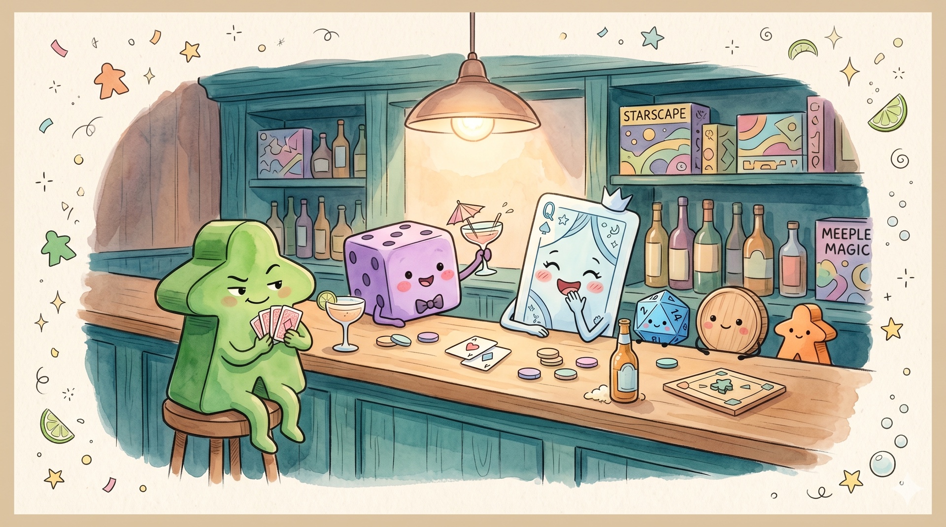 Aquarell-Illustration einer gemütlichen Bar mit Brettspieltisch, Cocktailgläsern und warmem Licht